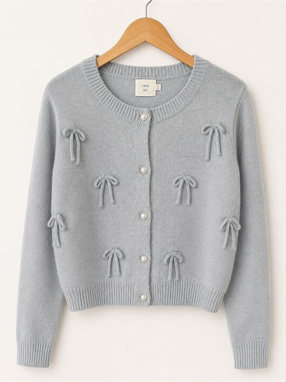 Luna Ivy Slate Blue Bow Detail Pearl Button Knit Cardigan Sweater XS Coquette